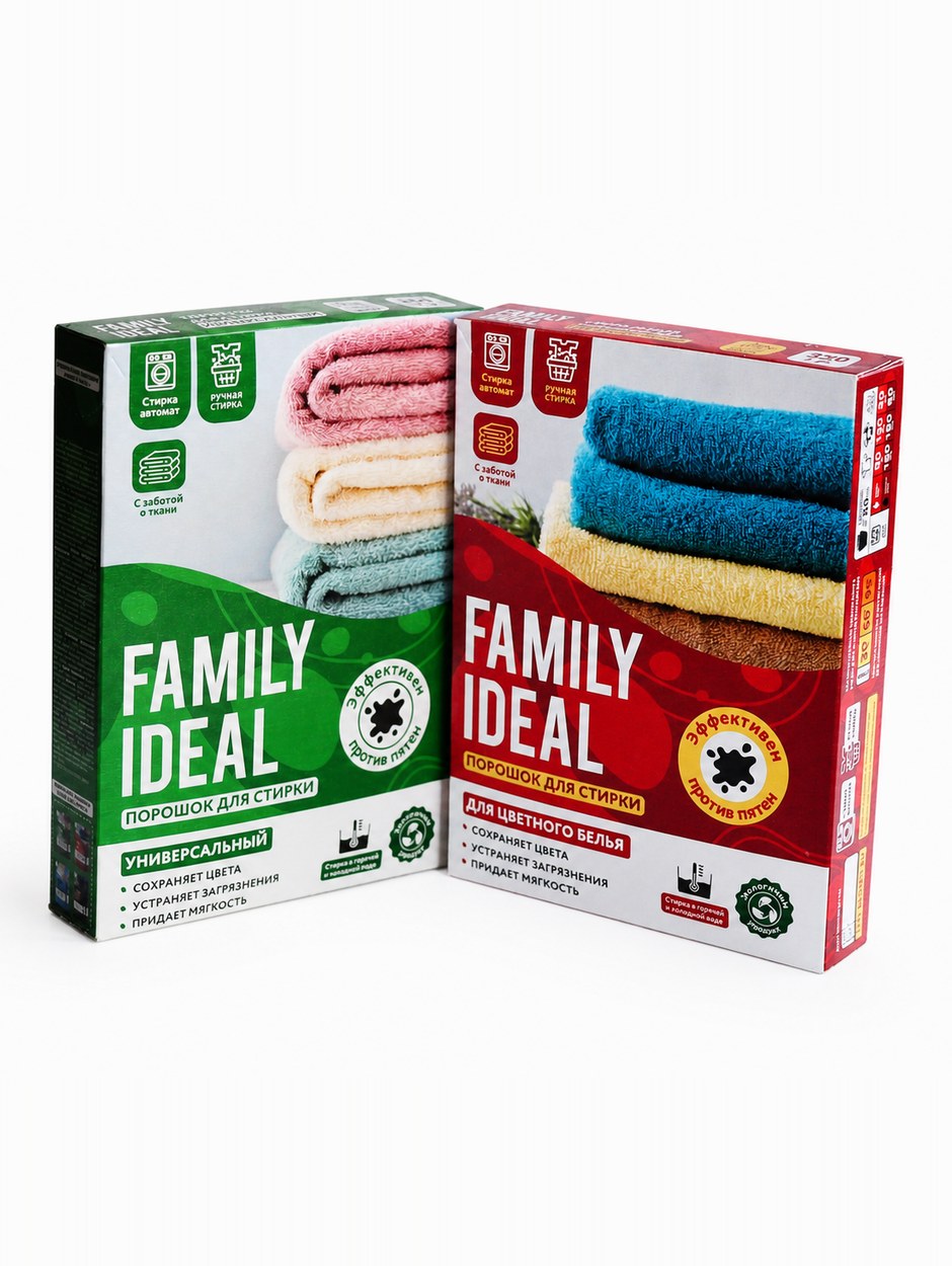 Стиральные порошки Family Ideal — универсальный и для цветного белья, СТМ для сети «Депо 22»